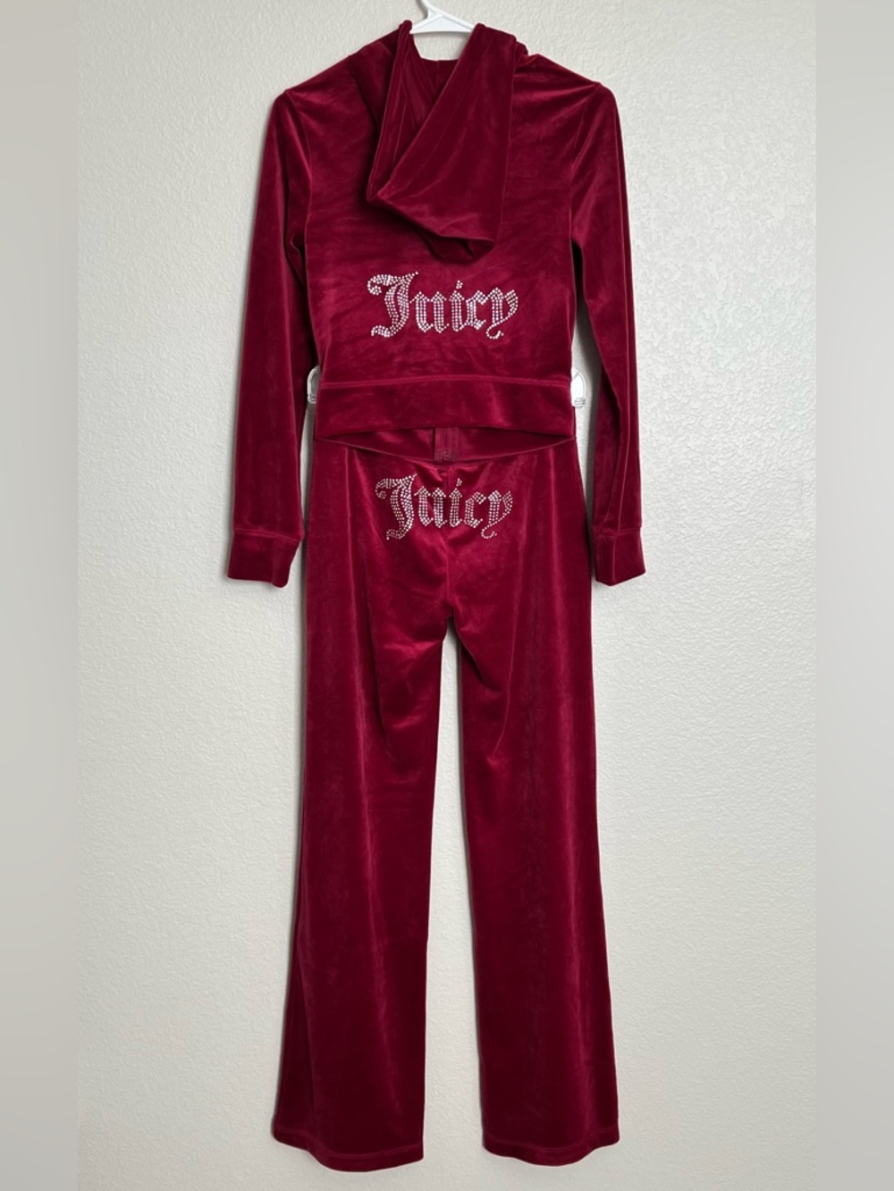 Juicy Couture Velour Tracksuit Set XS Burgundy Rhinestone Logo Hoodie Flare Pant